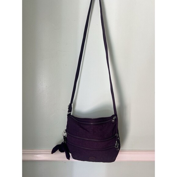 Kipling Keiko Dark Plum Tonal  Nylon Crossbody Bag + Monkey Key Chain Purple - Picture 7 of 10